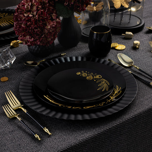 Black and Gold Round Plastic Plates 10 Pack - Chanukah