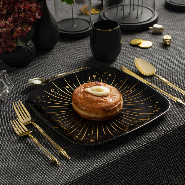 32 Piece Combo Black and Gold Square Plastic Dinnerware Set 10" and 7.25" (16 Servings) - Chanukah