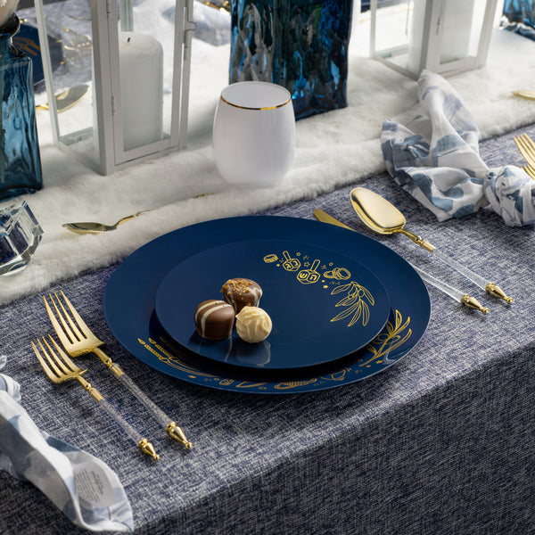 32 Piece Combo Royal Blue and Gold Round Plastic Dinnerware Set 10.25" and 7.5" (16 Servings) - Chanukah