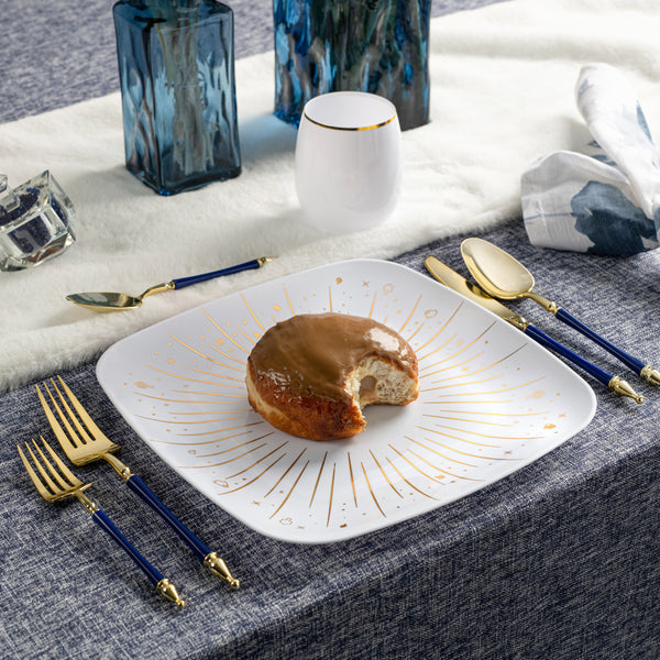 32 Piece Combo White and Gold Square Plastic Dinnerware Set 10" and 7.25" (16 Servings) - Chanukah
