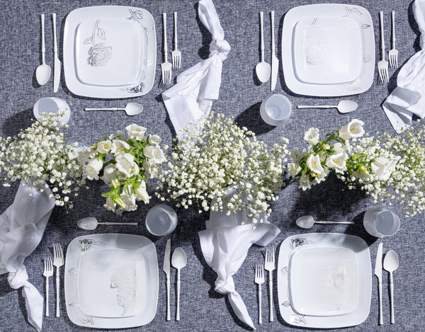 White and Silver Square Plastic Plates - Peony