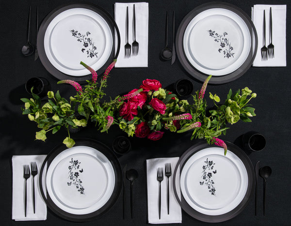 20 Pack White and Black Round Plastic Dinnerware Set (10 Guests) - Garden Edge