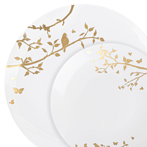 32 Pack White and Gold Round Plastic Dinnerware Set (16 Guests) - Spring