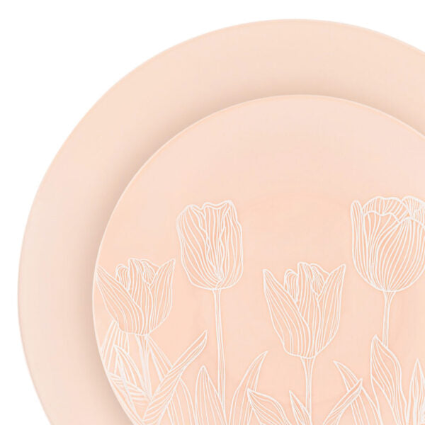32 Piece Combo Pink/White Tulip Round Plastic Dinnerware Set (16 Servings) - Organic Tulip