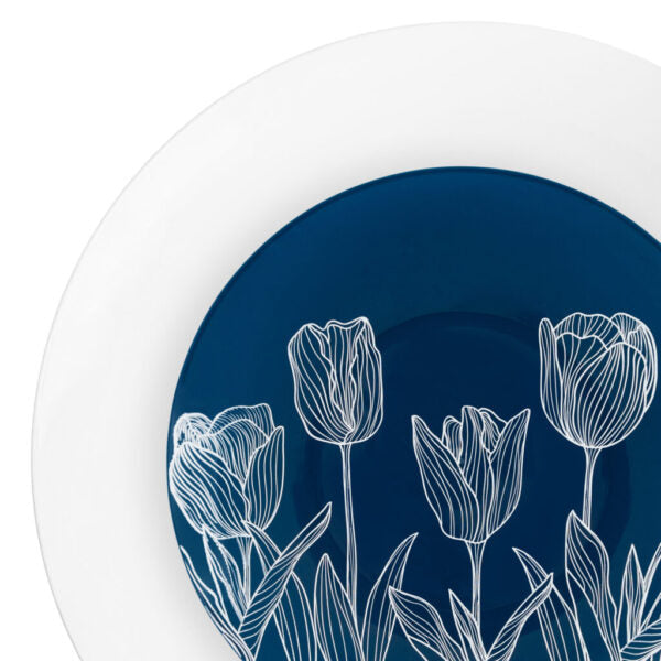 32 Piece Combo Navy/White Tulip Round Plastic Dinnerware Set (16 Servings) - Organic Tulip