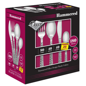 180 Piece Disposable Silver Plastic Silverware Combo Set (40 Settings) - Hammered - Posh Setting